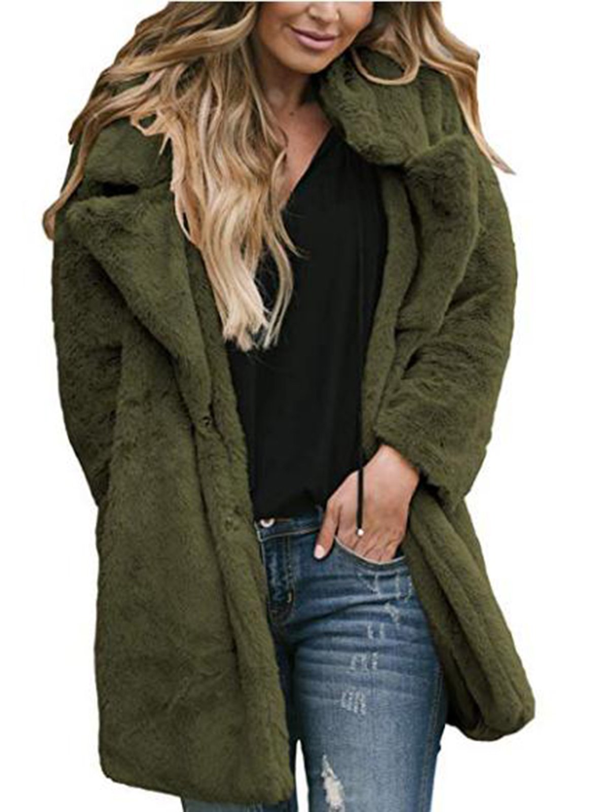 Winter Warm Fuzzy Lapel Collar Pocket Coat