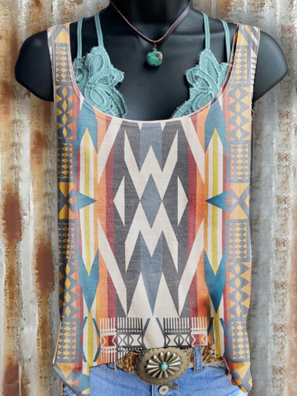 Geometric Cotton-Blend Vintage Shirts & Tops