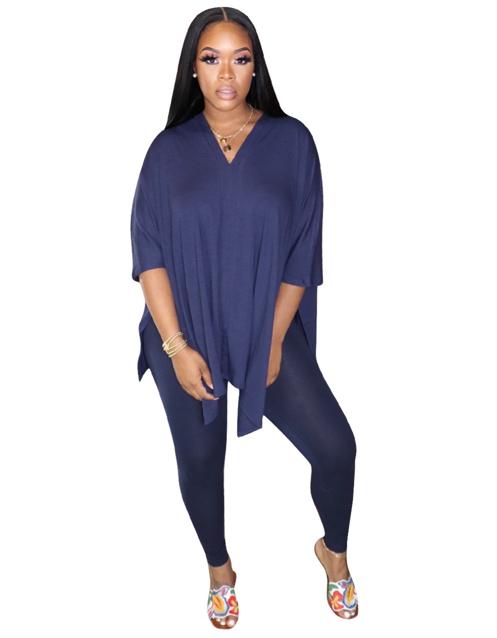 Summer Plain Slit Long Shirt and Tight Legging Set