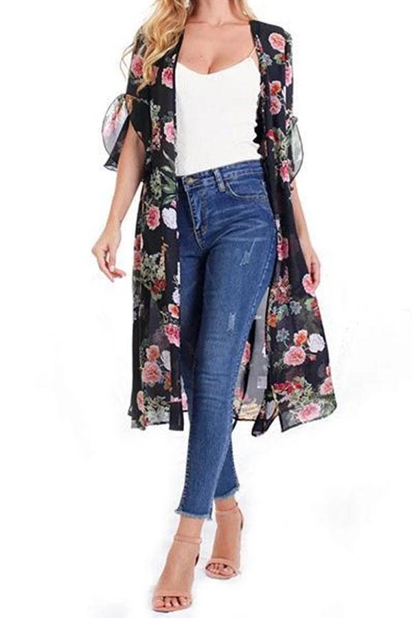 Female European And American Printed Chiffon Bat Sun Protective Cardigan
