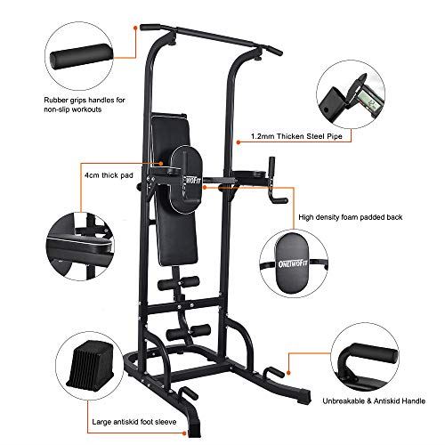 ONETWOFIT Multi-Function Power Tower with Sit Up Bench,Adjustable Height Pull Up Tower Heavy Duty Dip Station Fitness Equipment – Black