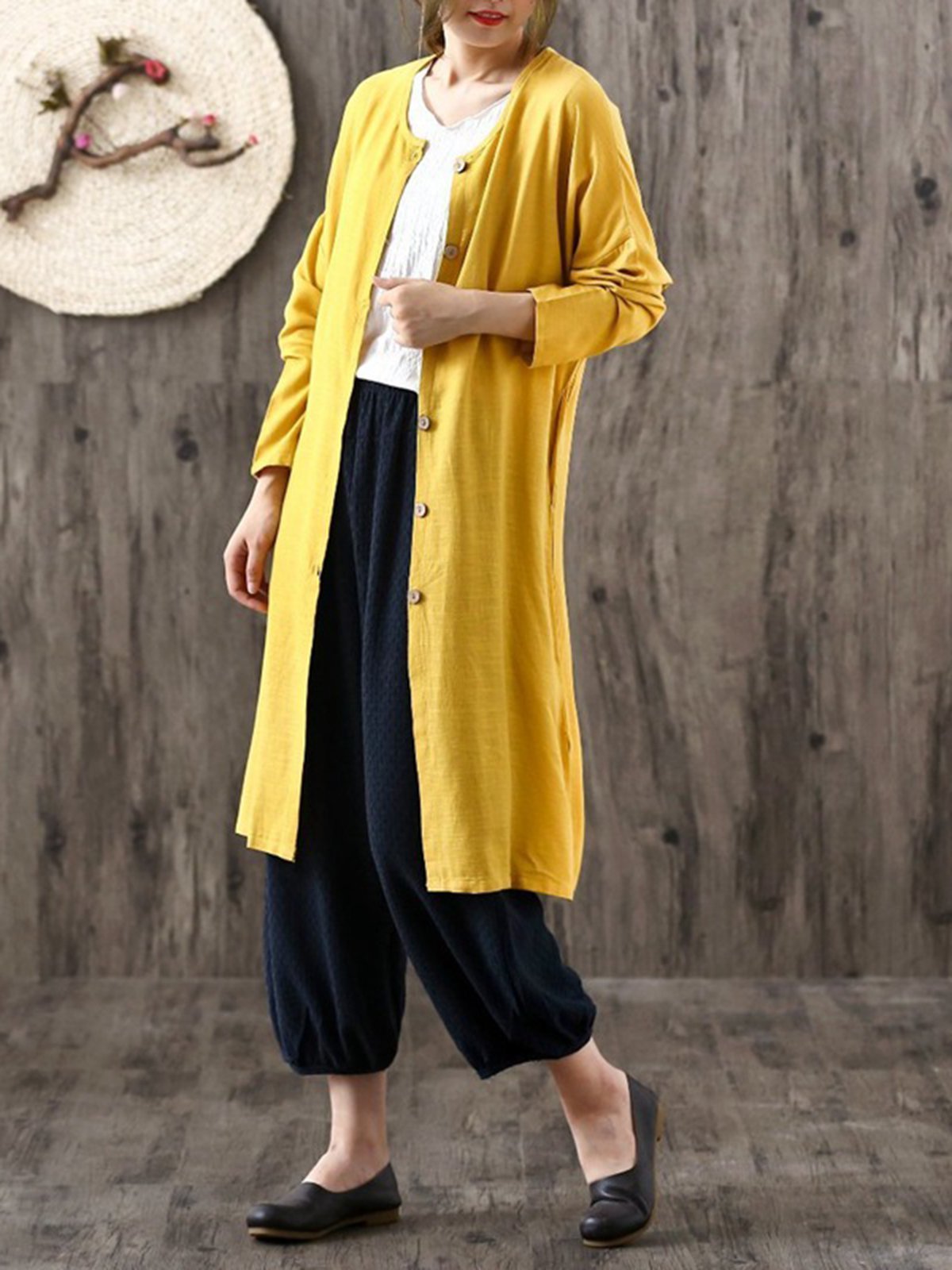 Casual Long Sleeve Solid Linen Cotton Cardigan