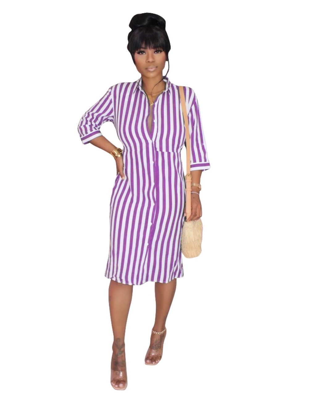 Fall Striped Blouse Dress with 3/4 Sleeves