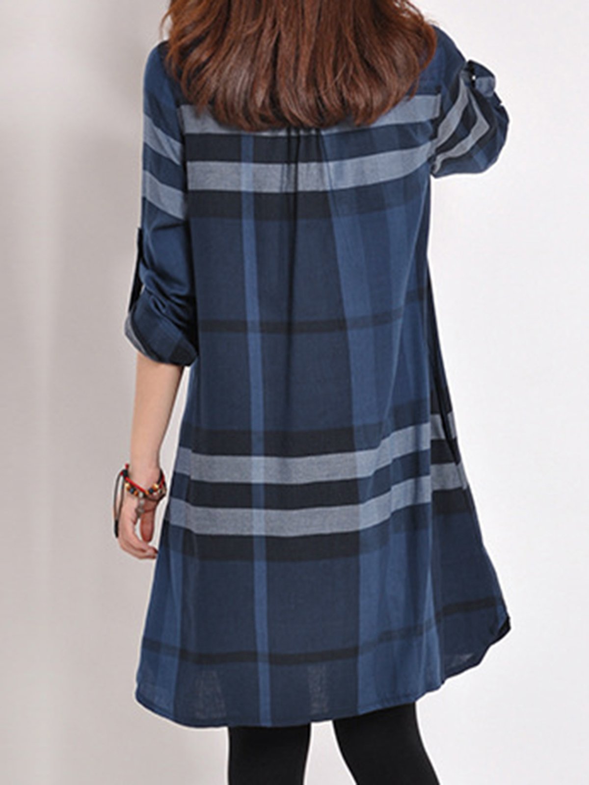 Blue Shirt Collar Checkered/Plaid Long Sleeve Casual Dress