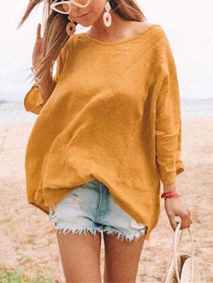 Solid Round Neck Casual Cotton-Blend Shirts & Tops