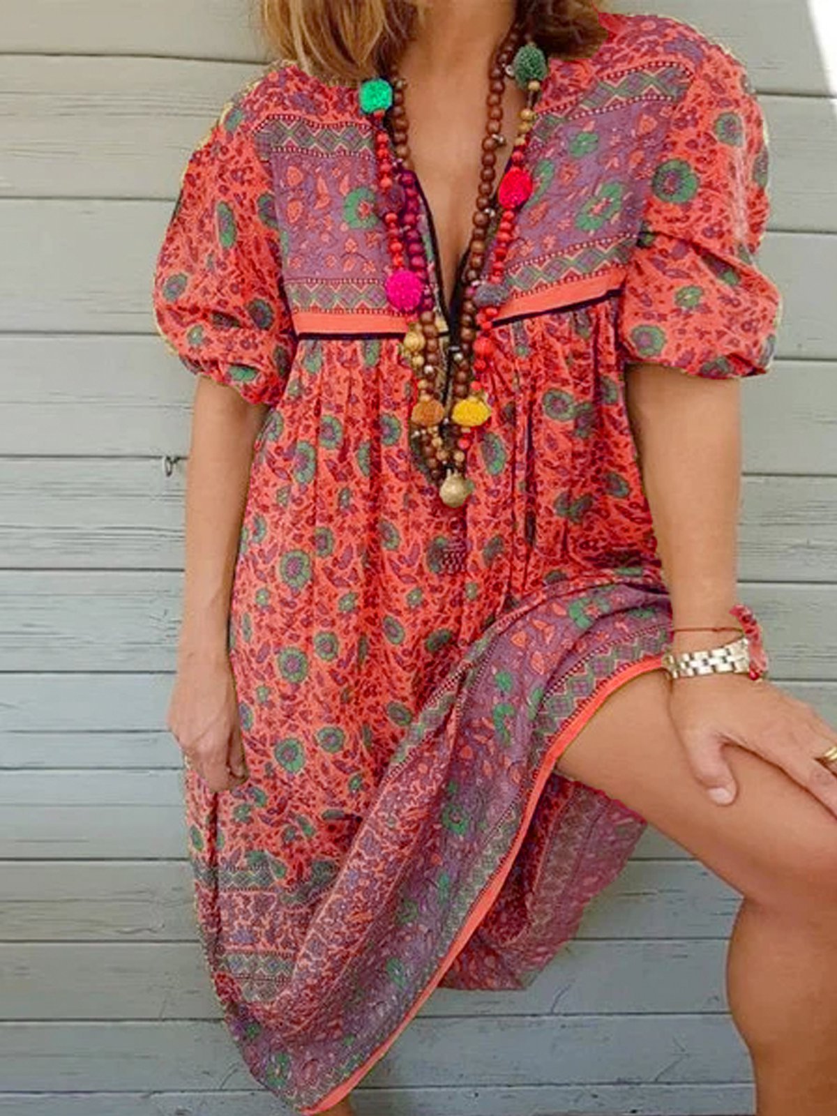 Bohemian casual vacation short sleeve V-neck dress