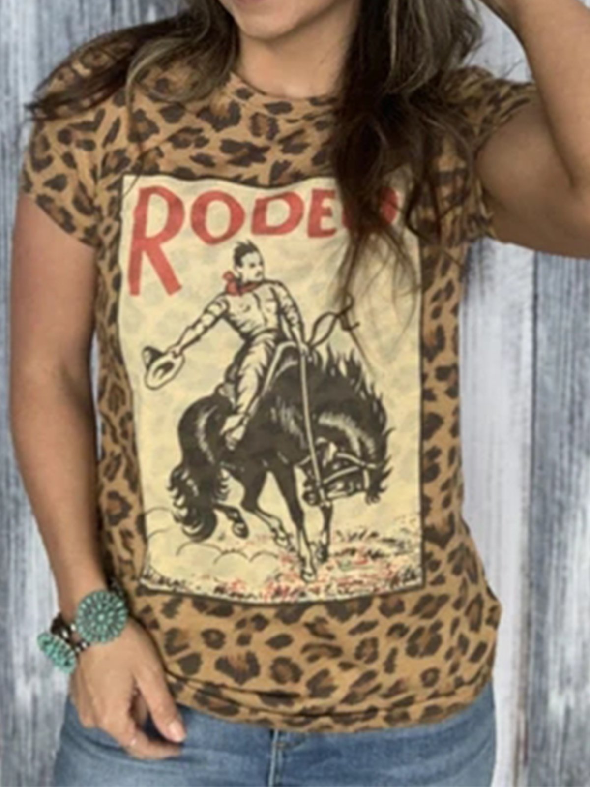 Jersey Crew Neck Short Sleeve Leopard Shirts & Tops