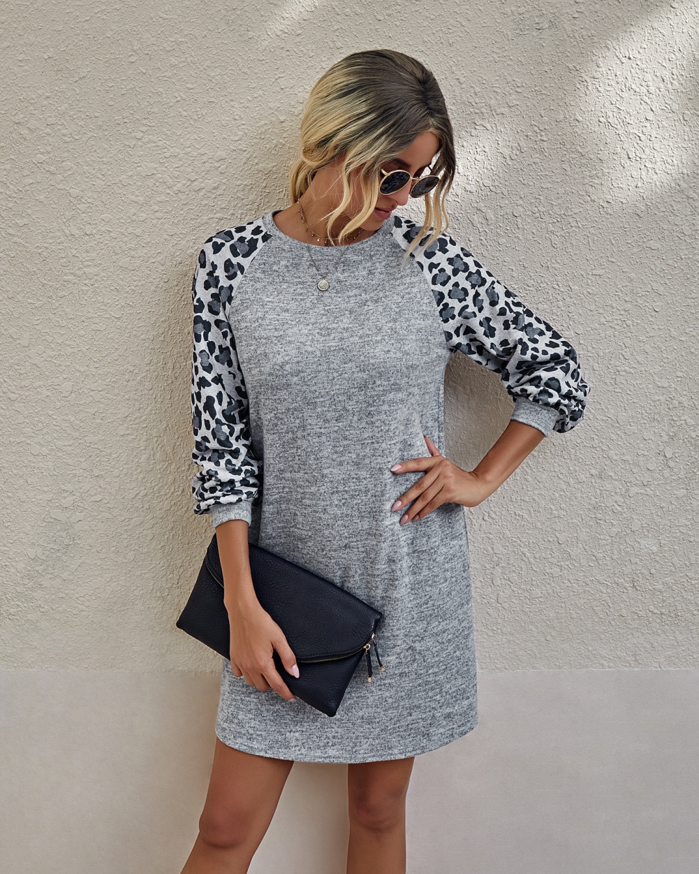 Autumn O Neck Shirt Dress with Leopard Sleeves