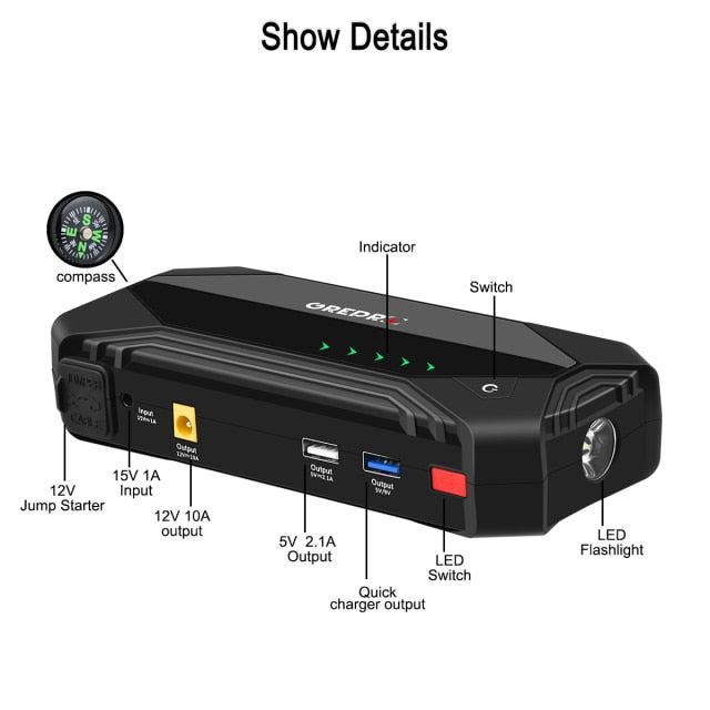 Car Starter Auto Power Bank Jump Starter 1000A Car Buster 12V Vehicle Emergency Battery Auto Booster Battery Powerful LED Light