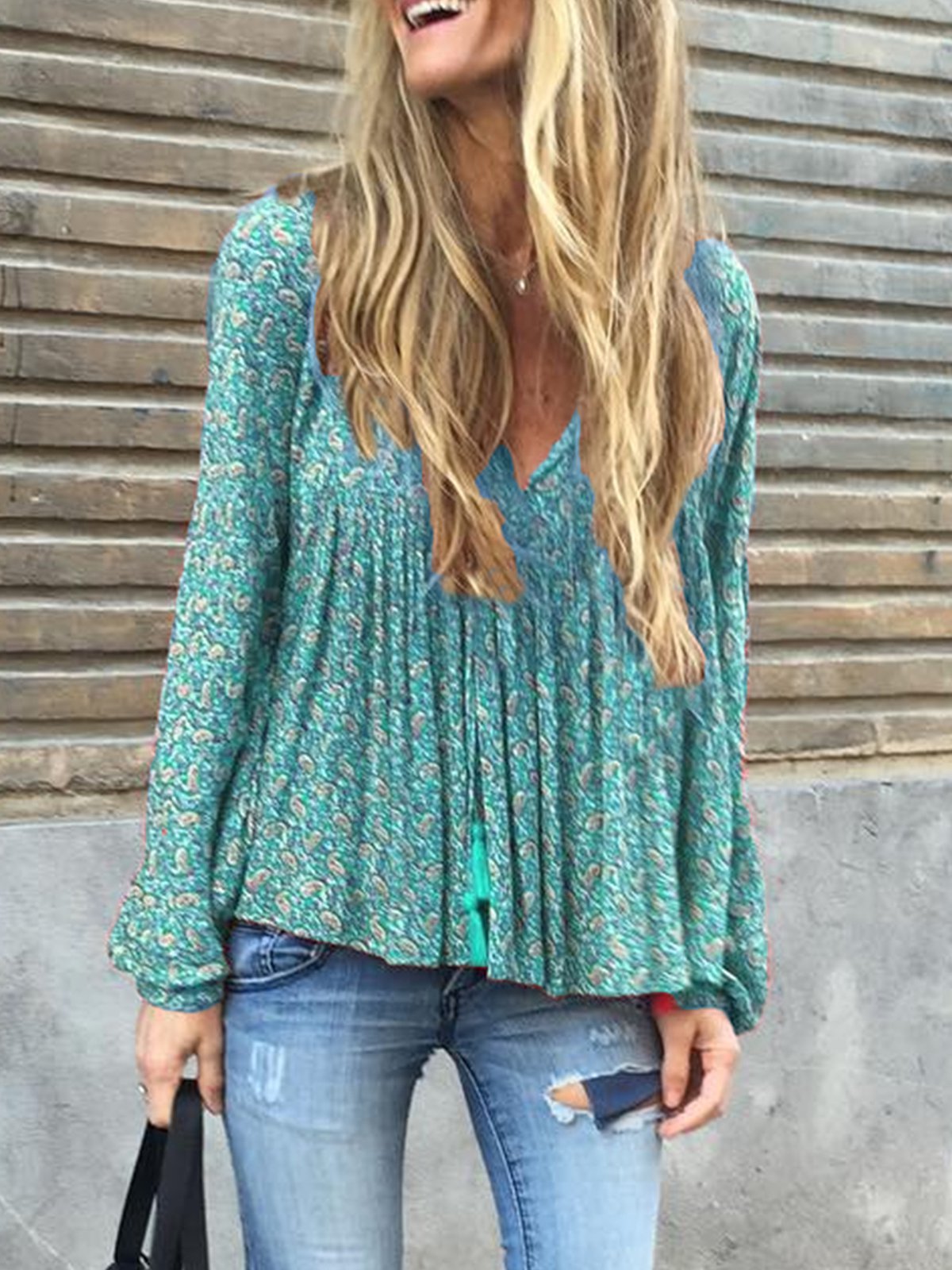 Casual Printed/dyed V Neck Long Sleeve Shirts & Tops