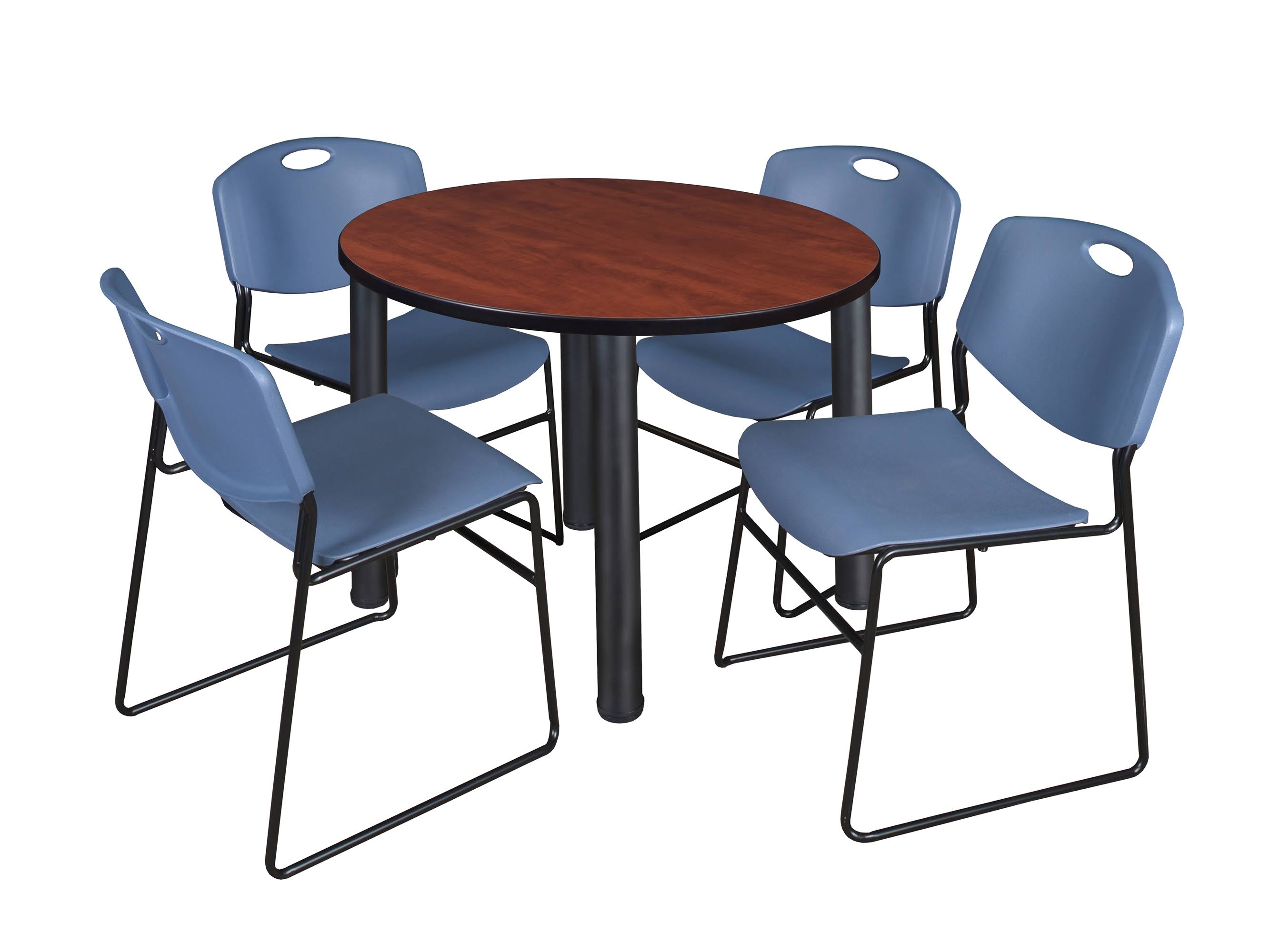 Regency Kee 48x22 Round Breakroom Table- Beige/ Black 4 Zeng Stack Chairs- Blue