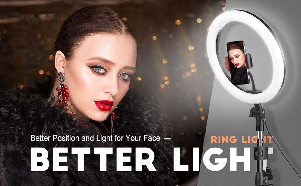 Ring Light With Tripod Photography Round Ring Lamp Phone Holder Dimmable Ringlight