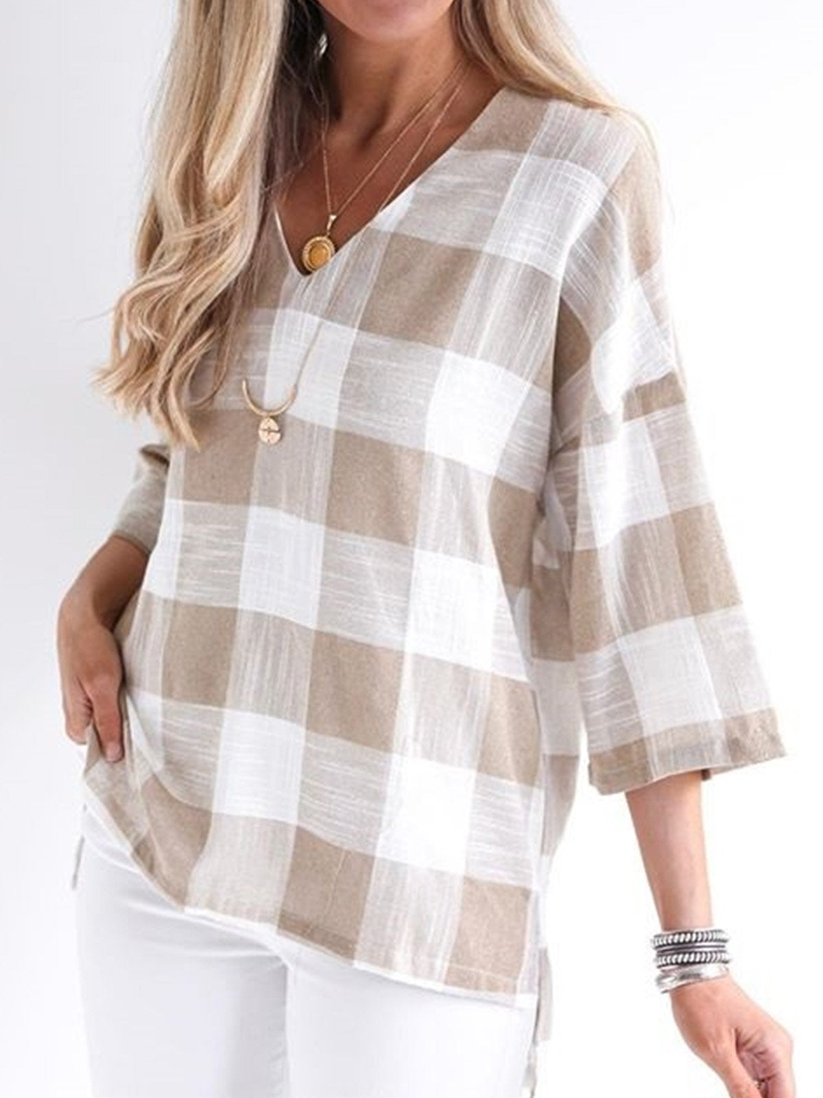 Women Casual Plaid Tops Tunic Blouse Shirt