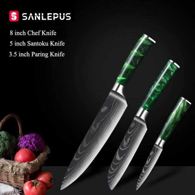 1-10 Pcs Chef Knife Set Kitchen Knives Laser Damascus Pattern Sharp Japanese Santoku Knife