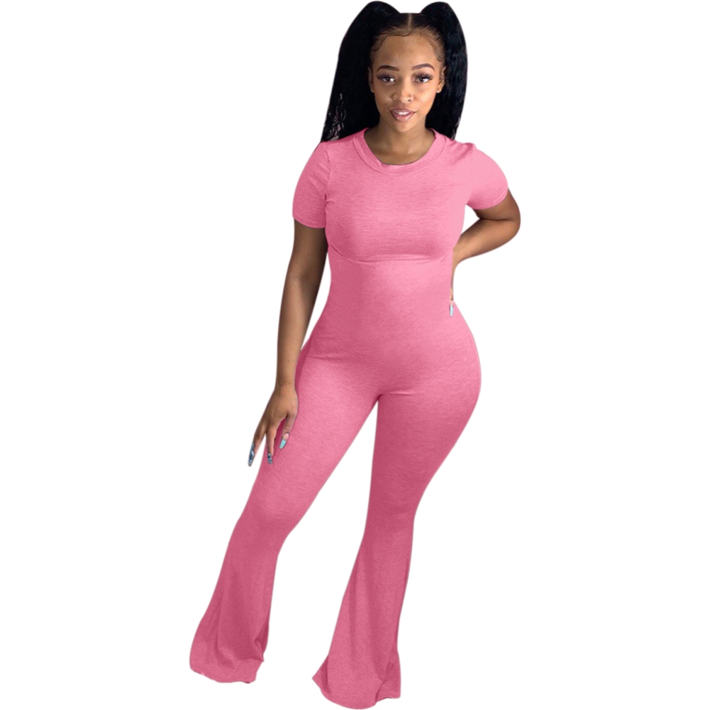 Solid Color Bell Bottom Jumpsuit with Short Sleeves