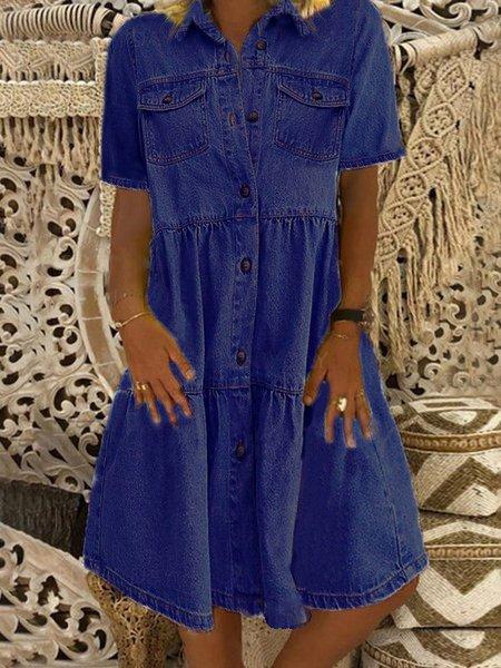 Denim Daily Casual Shirt Collar Short Sleeve Buttoned Pockets A-line Dresses