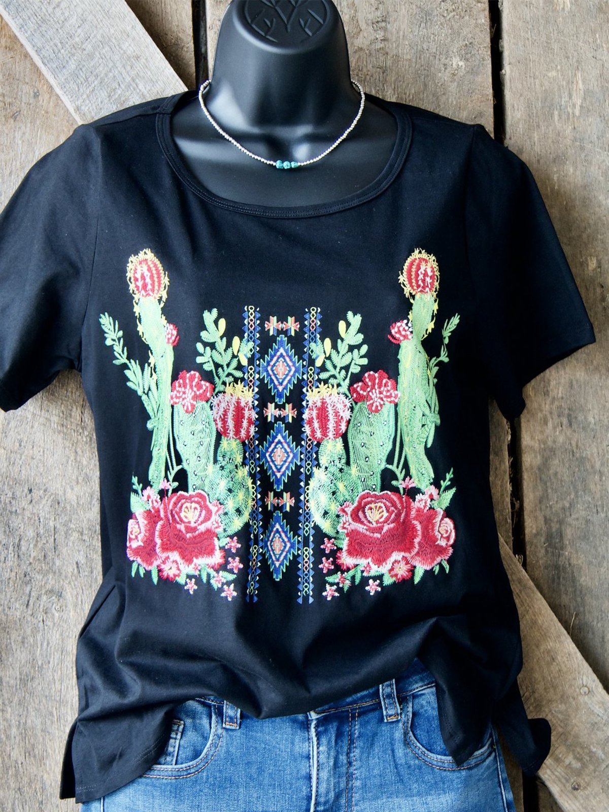 Vintage Cactus Crew Neck Short Sleeve Shirts & Tops