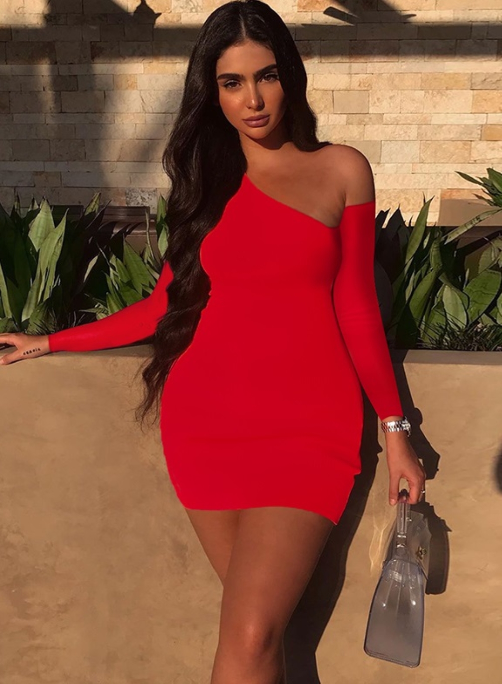 Solid Color One Shoulder Mini Dress