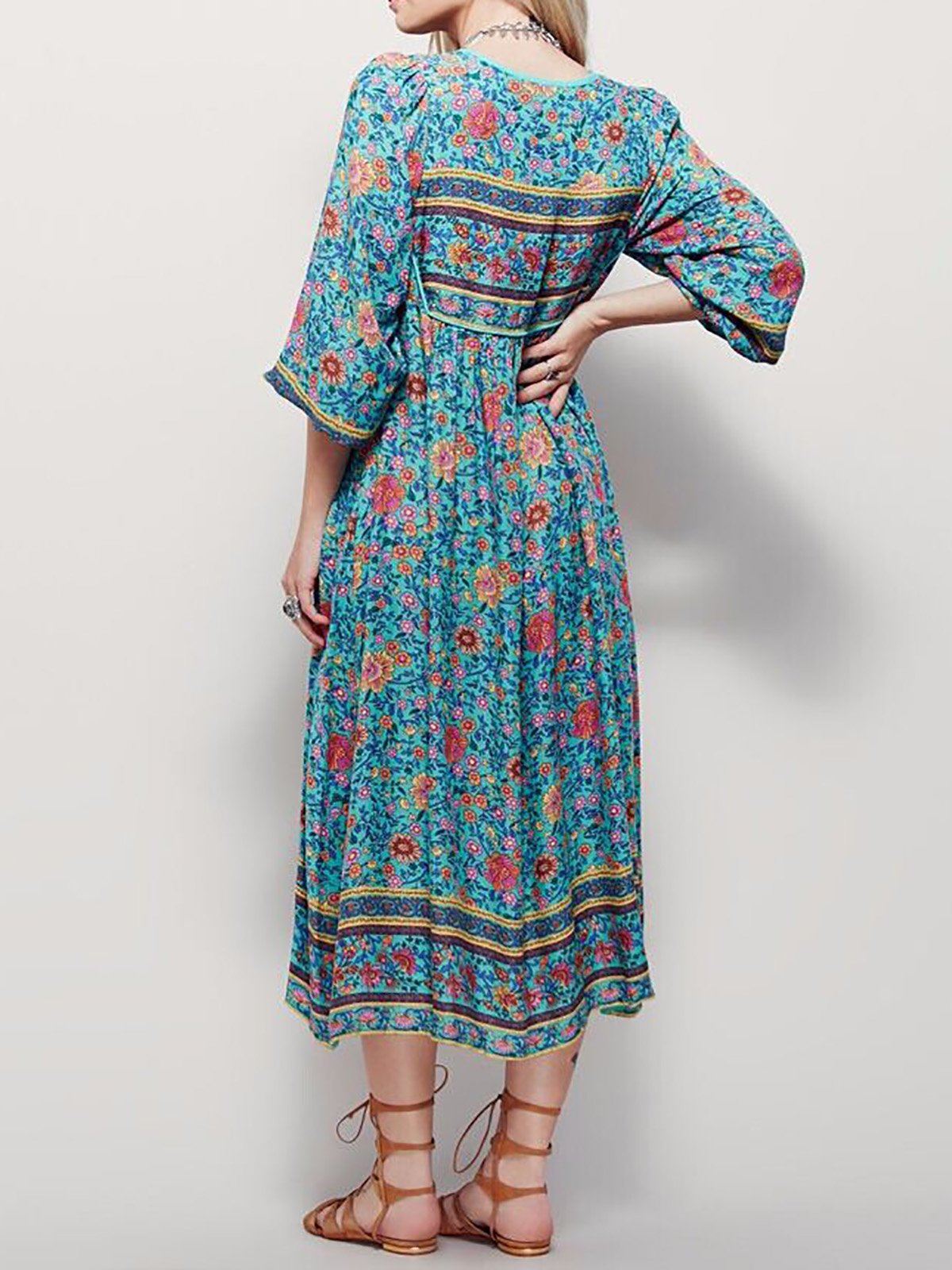 V Neck 3/4 Sleeve Elegant Asymmetrical Vintage Dress