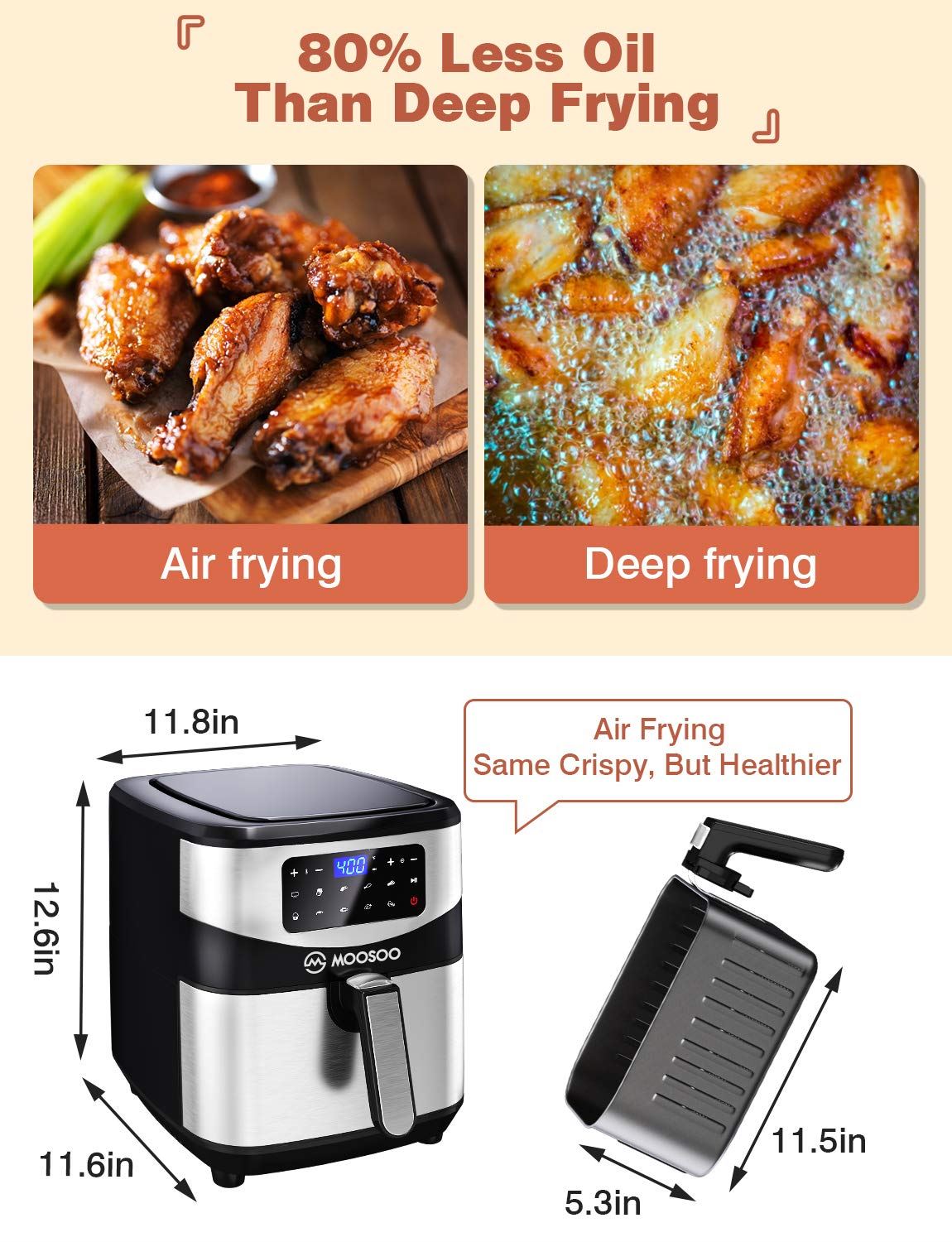 Air Fryer 7.4 QT XL Capacity, 10-in-1 Electric Air Fryers Oven, 1700W Stainless Steel Airfryer with Digital Screen