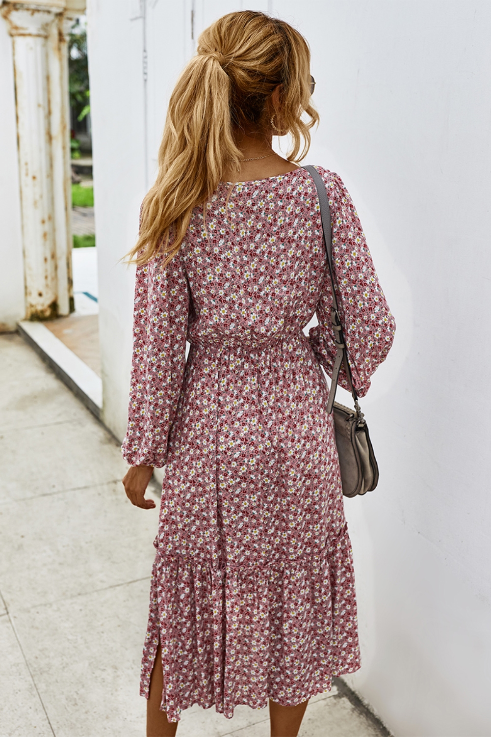 Fall Long Sleeve Square Floral Long Dress