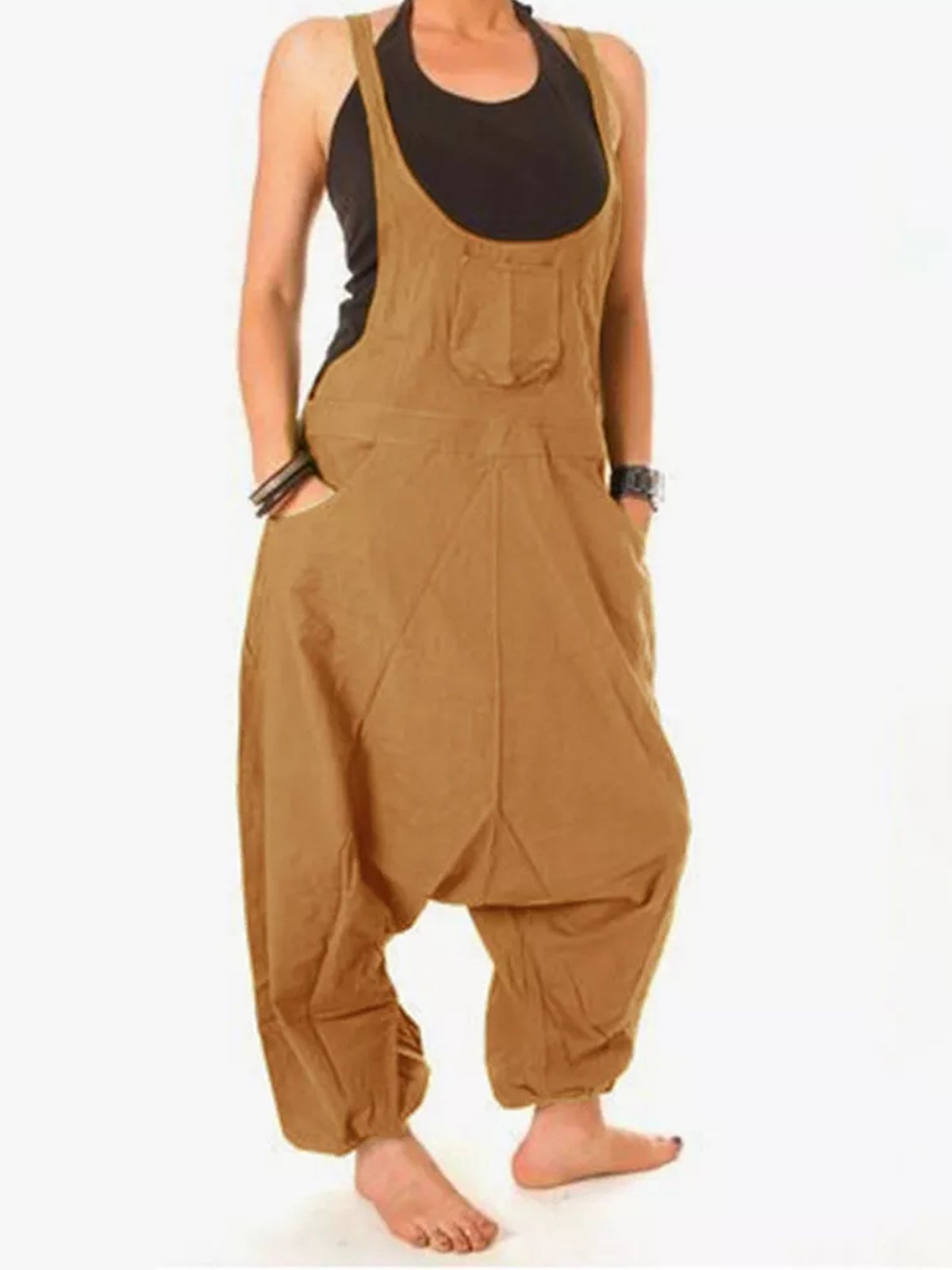 Round Neck Casual Cotton Pocket Jumpsuits