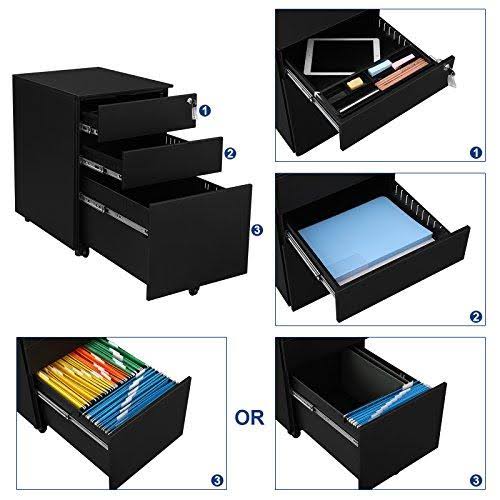 SONGMICS Steel File Cabinet 3 Drawer with Lock Mobile Pedestal Under Desk Fully Assembled Except Casters Black UOFC60BK