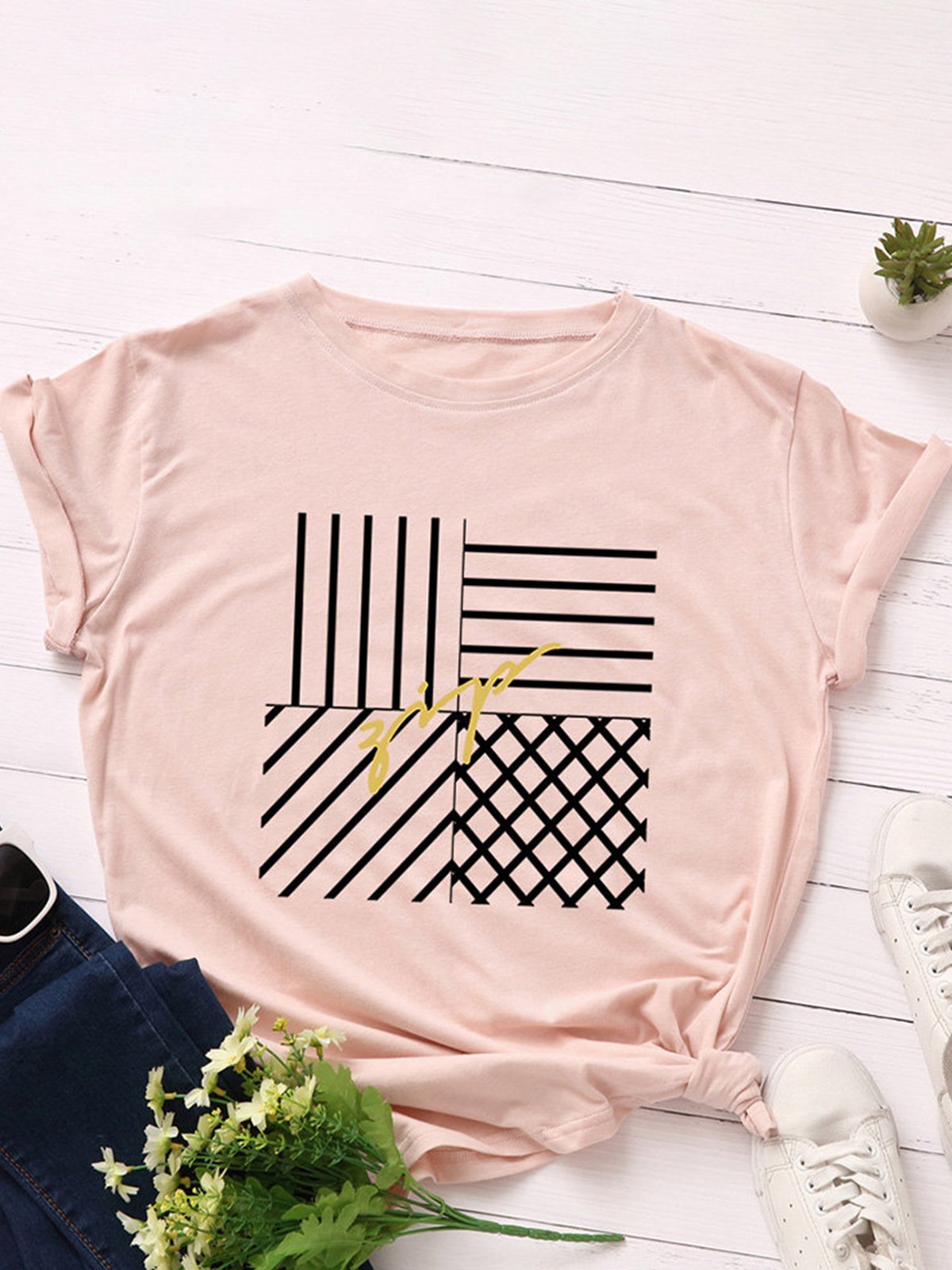 Print Crew Neck Short Sleeve Overhead Casual T-Shirt