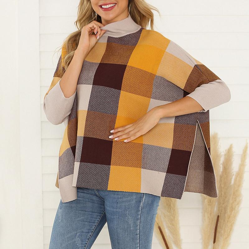 European And American Style High Collar Bracelet Sleeve Splicing Plaid Sweater