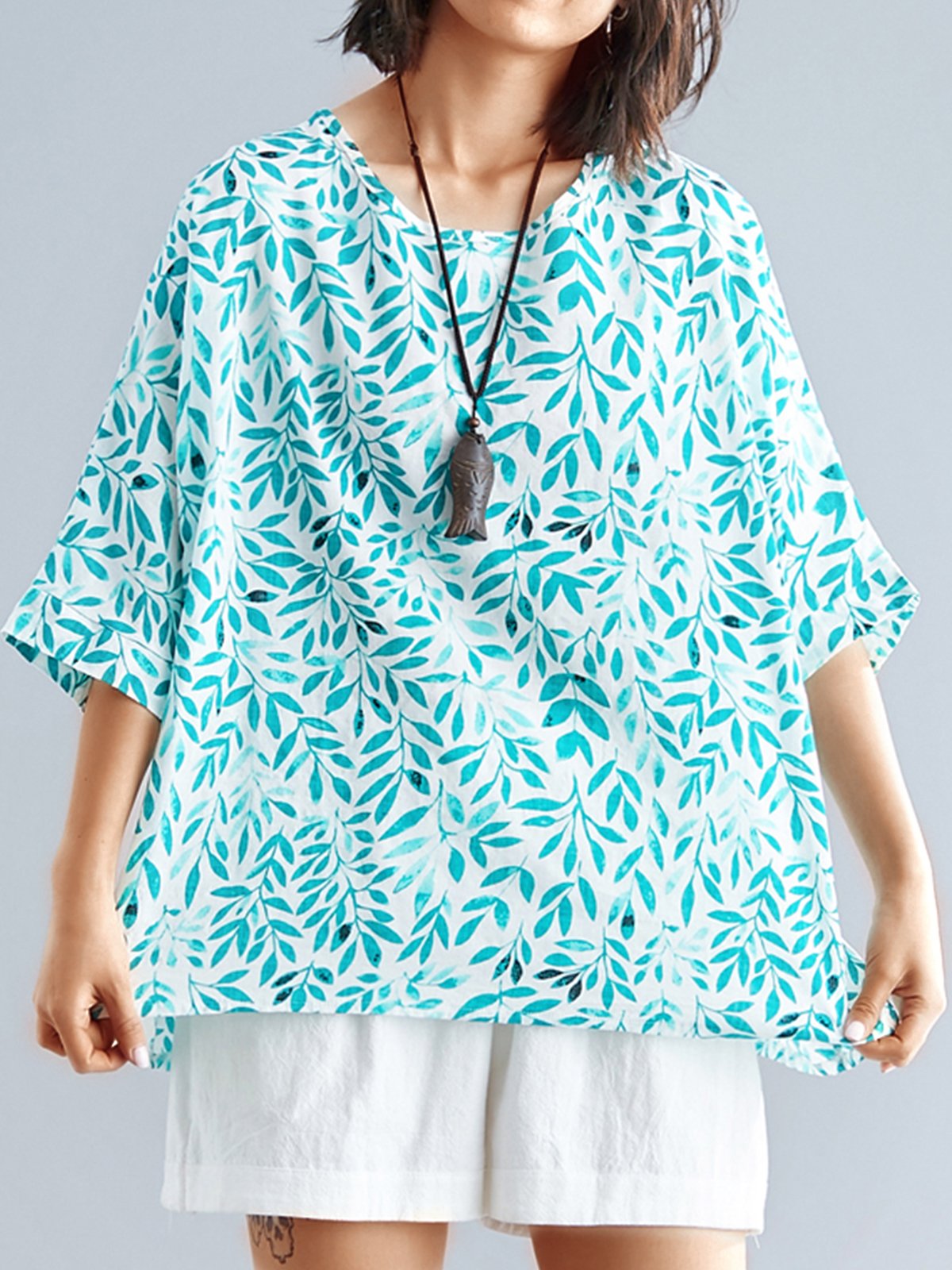 Plus Size Women Short Sleeve Round Neck Vintage Floral Casual Tops