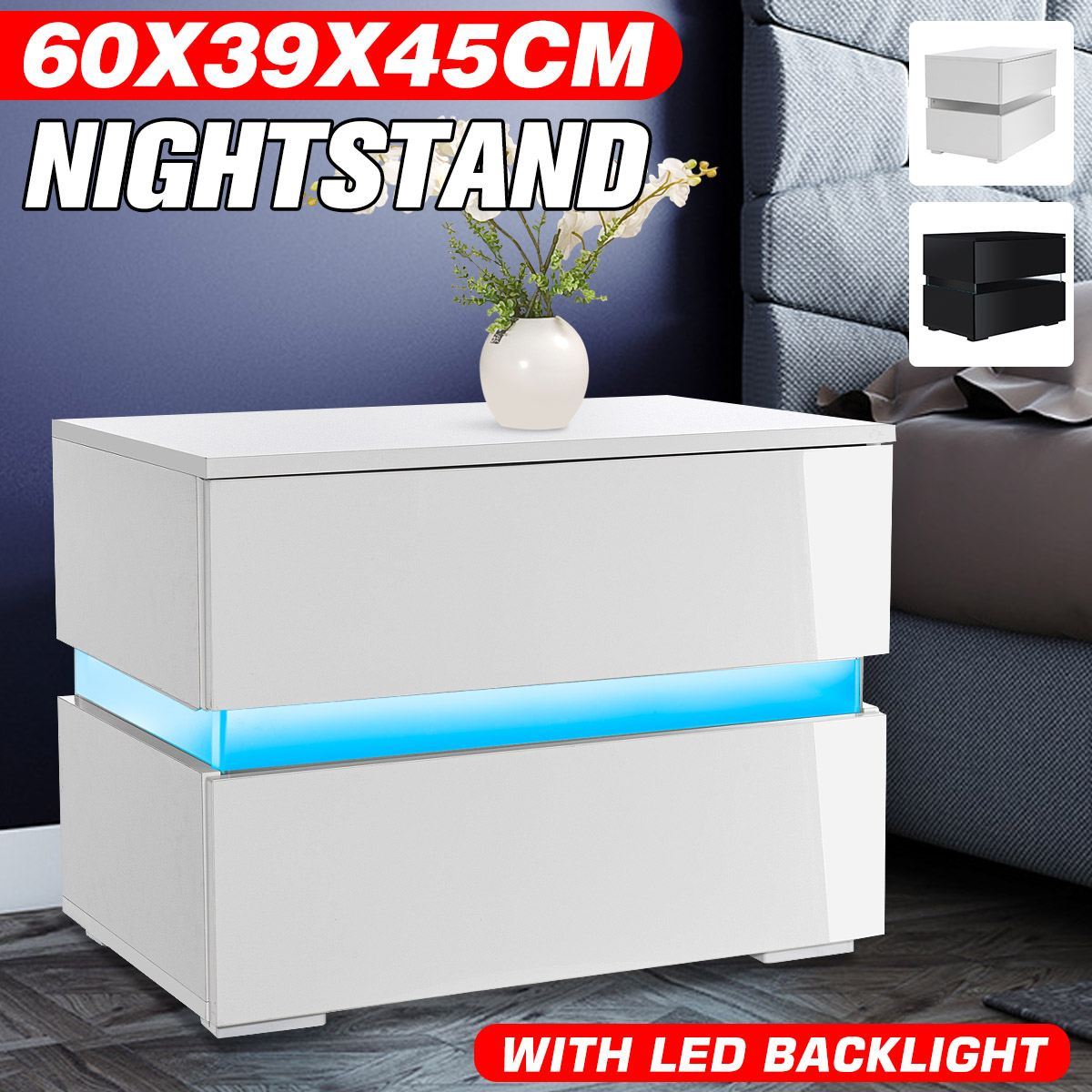 Modern LED Bedside Table High Gloss RGB Coffee Tables with 2 Drawers Sofa Side