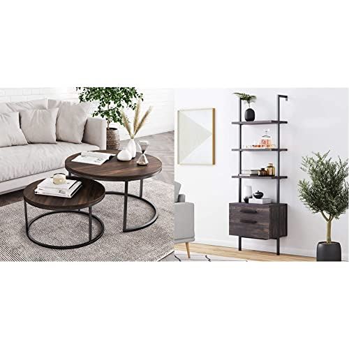 Stella Round Modern Nesting Coffee Set of 2 w/ Wood Drawers & Steel Frame/3-Shelf