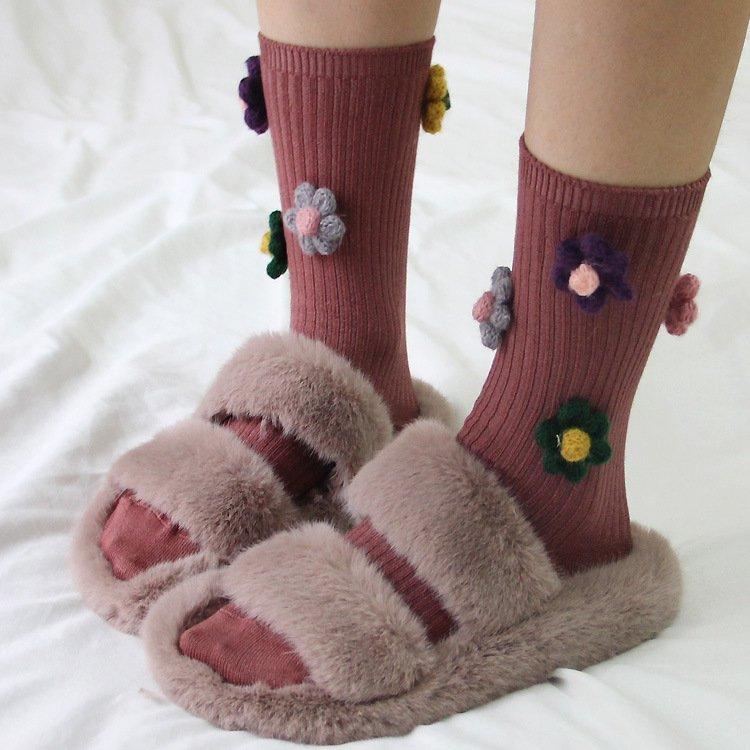 Three-dimensional flower cotton women's vertical tube socks