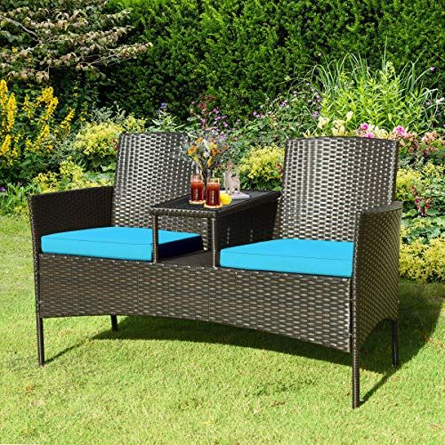 Conversation Furniture Set with Table and Two Removable Cushions Rattan Wicker Chairs and Table Set �C Brown+Blue