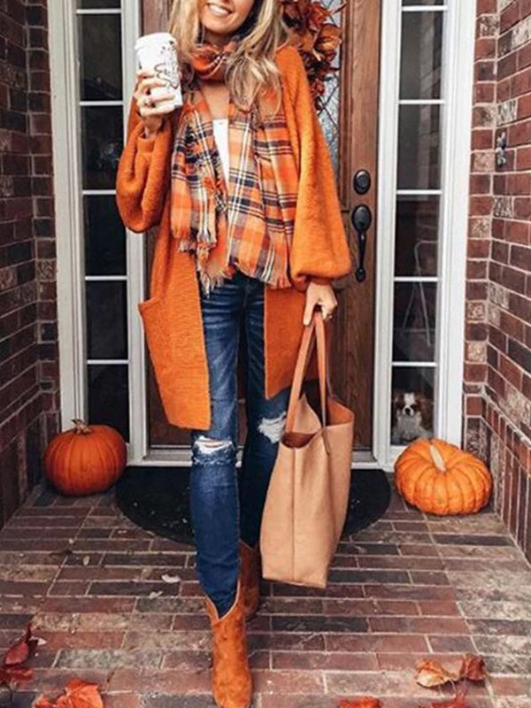 Fashion Lantern Long Sleeve Pocket Plain Cardigans