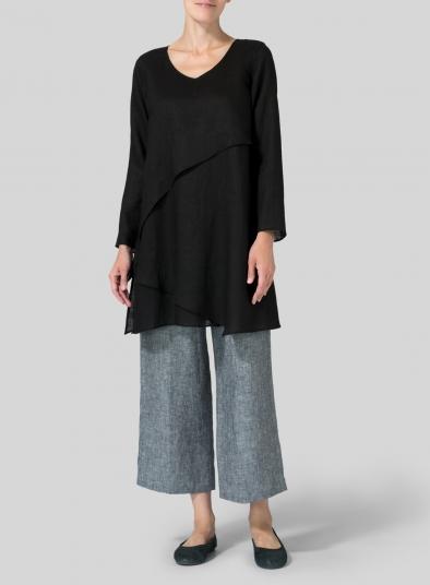 V Neck Plain Long Sleeve Shirts & Tops