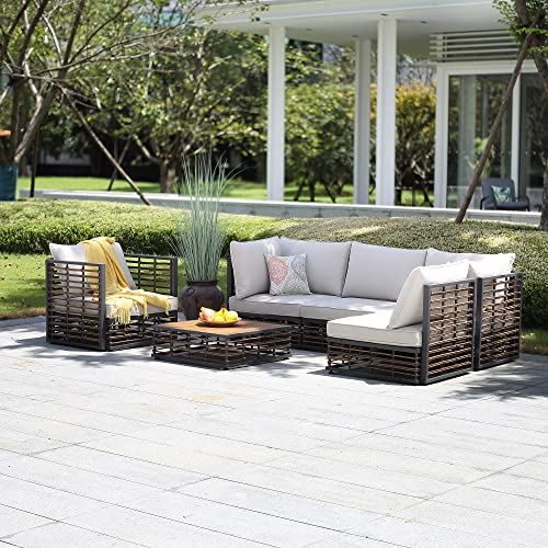 ESSENTIAL LOUNGER 6 Pieces Outdoor Patio Furniture Set, Sectional Conversation Outdoor Rattan Furniture Set with Olefin Cushions and Coffee Table, Wicker Sofa with Umbrella Hole for Garden, Poolside