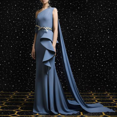 Elegant Vintage One Shoulder Sleeveless Irregular Falbala Plain Evening Dress