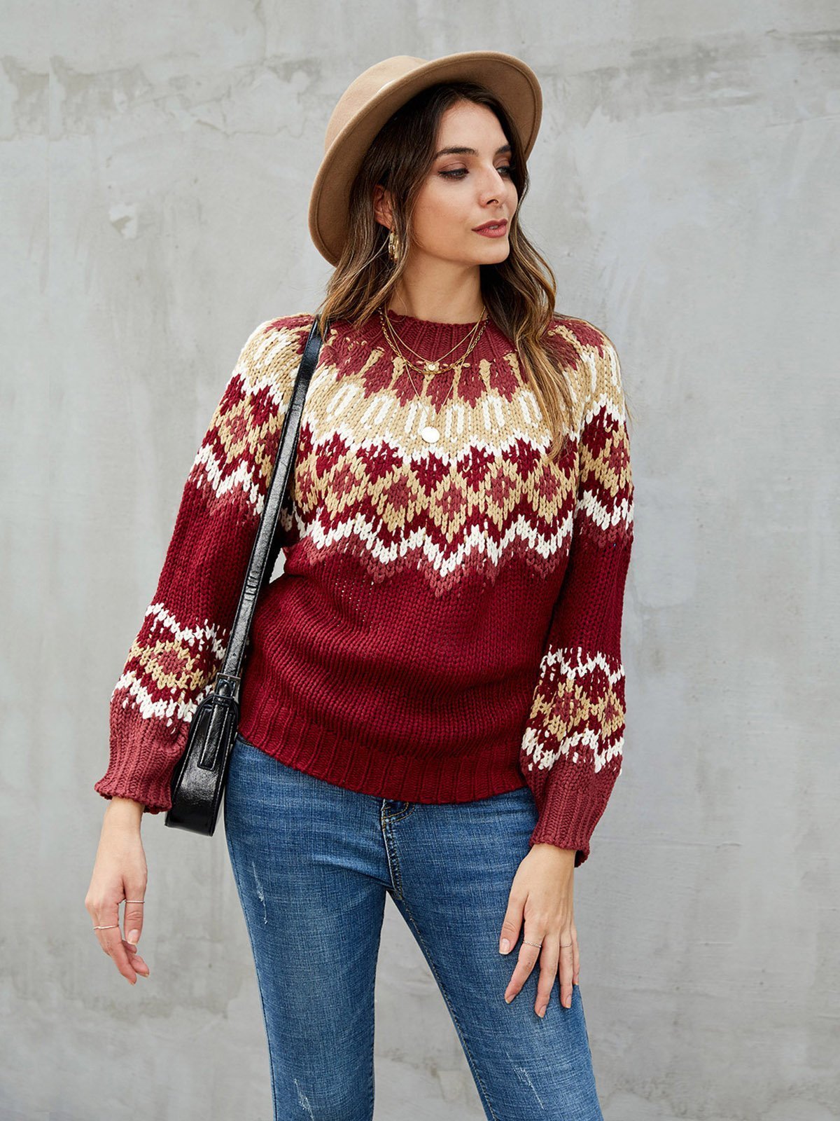 Burgundy Casual Tribal Knitted Acrylic Sweaters