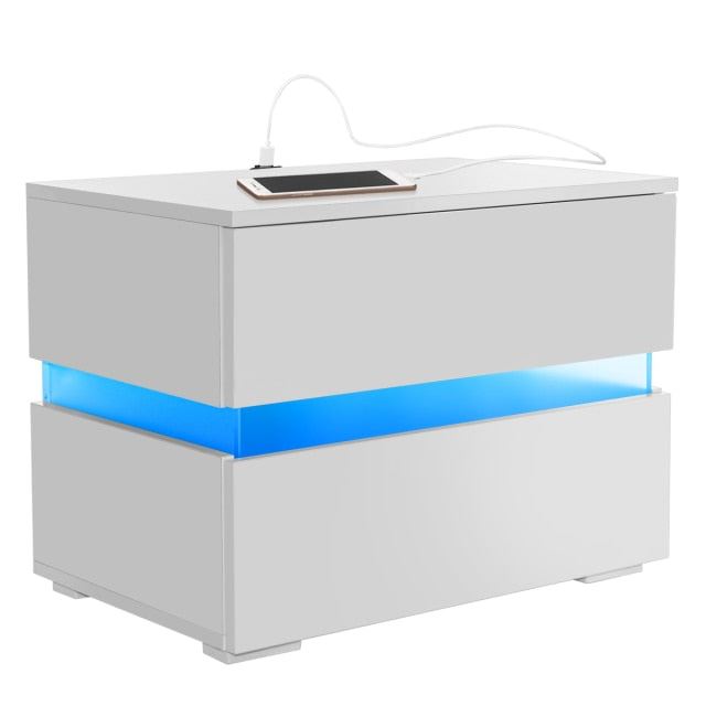 Modern LED Bedside Table High Gloss RGB Coffee Tables with 2 Drawers Sofa Side