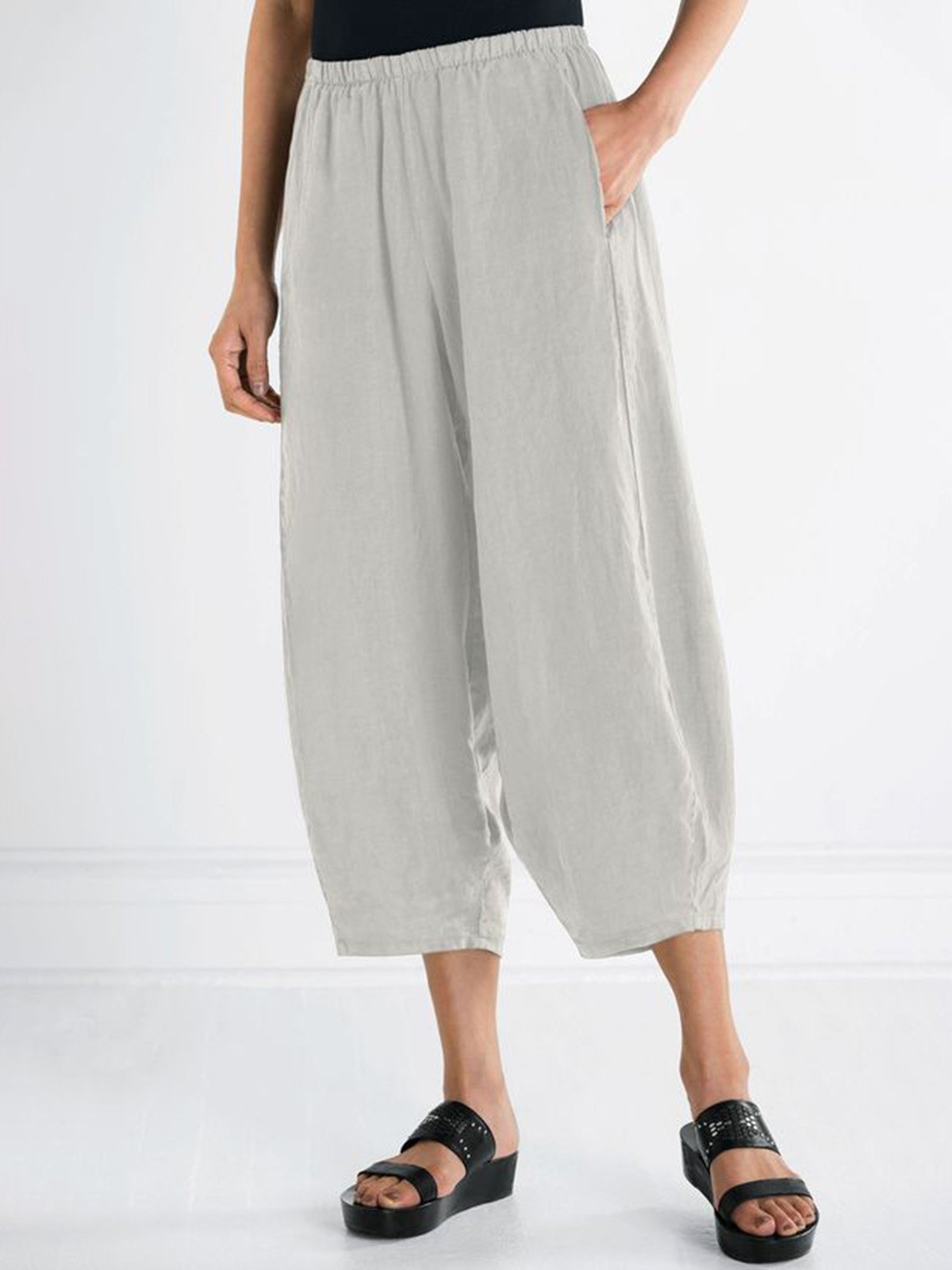 Plus Size Women Pants Pockets Casual Cropped Pants