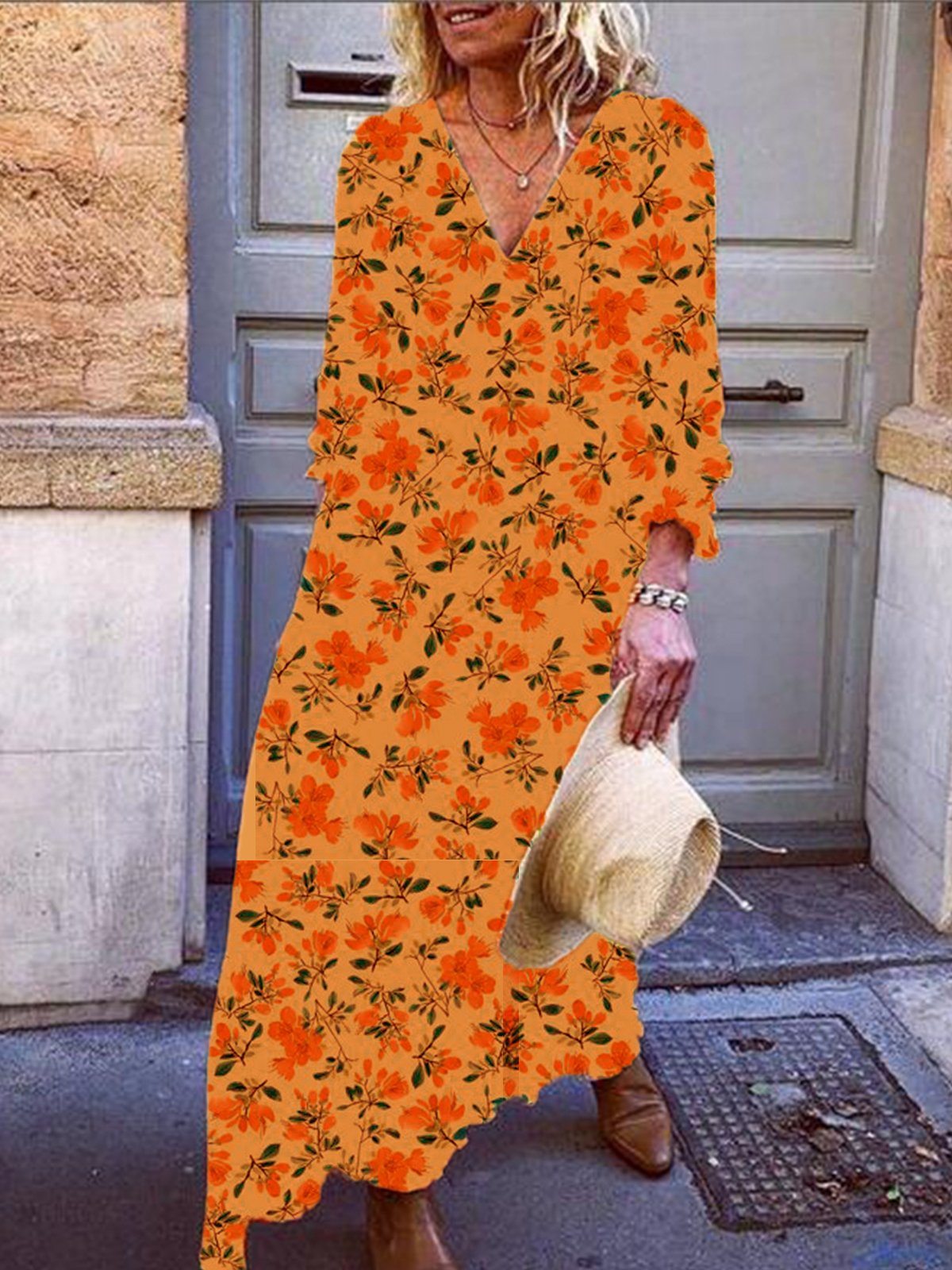 Printed Cotton-Blend V Neck 3/4 Sleeve Dresses