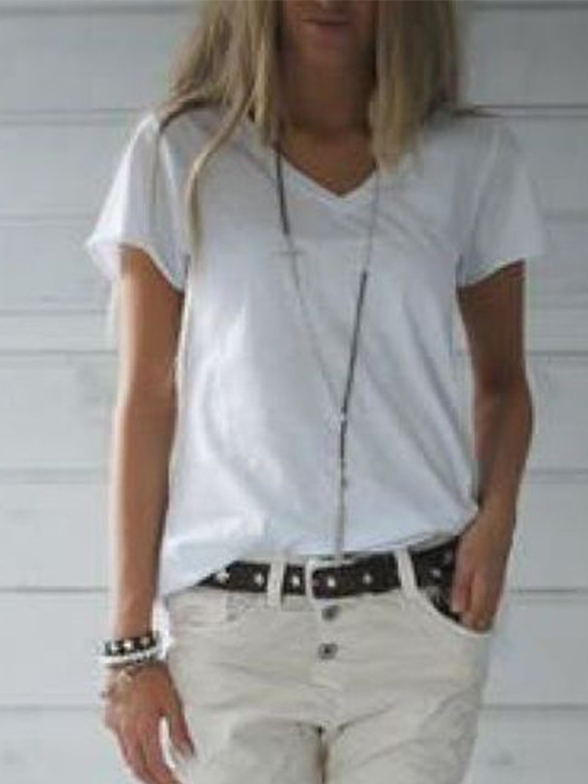White Short Sleeve V Neck Casual Shirts & Tops