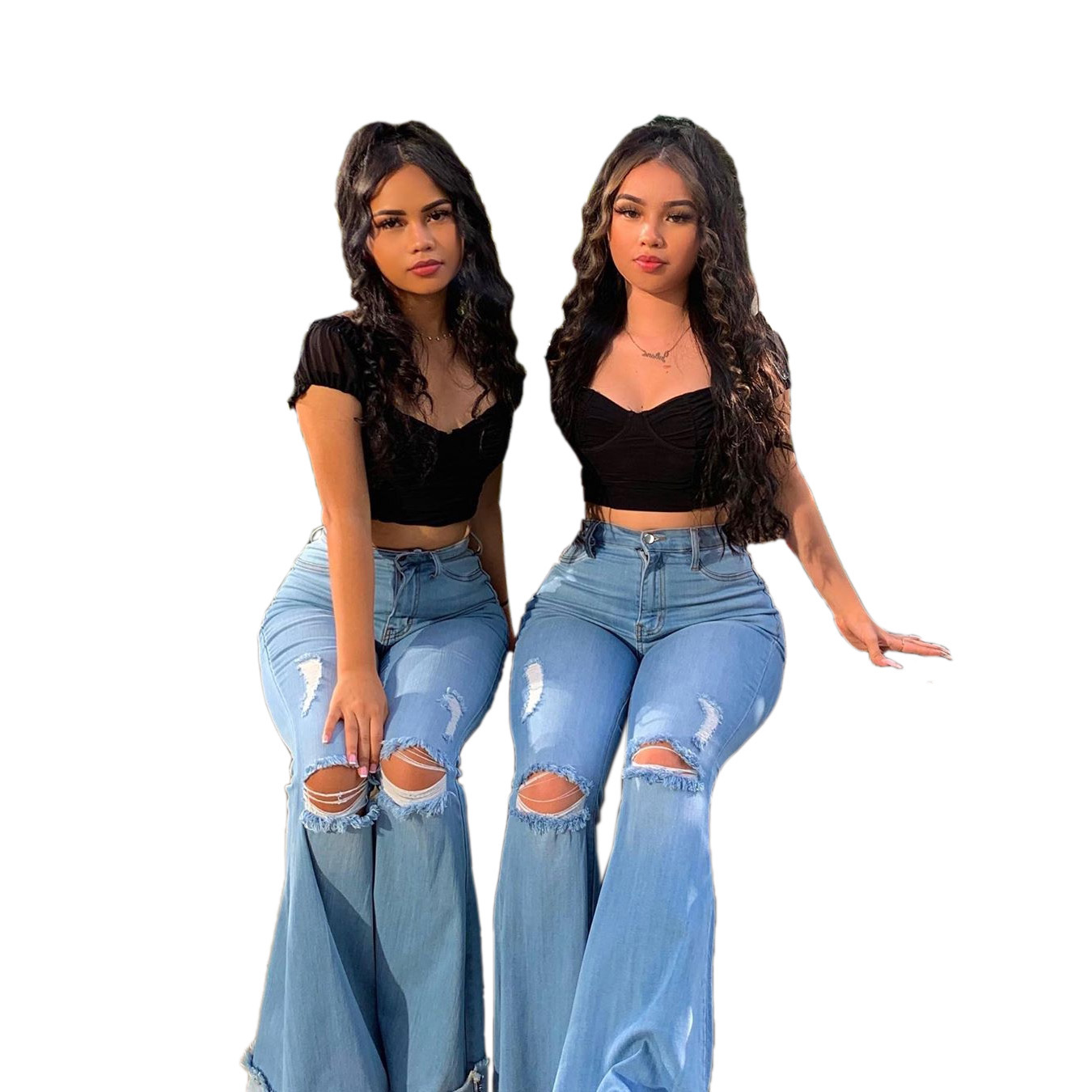 Autumn High Waist Blue Ripped Flare Jeans