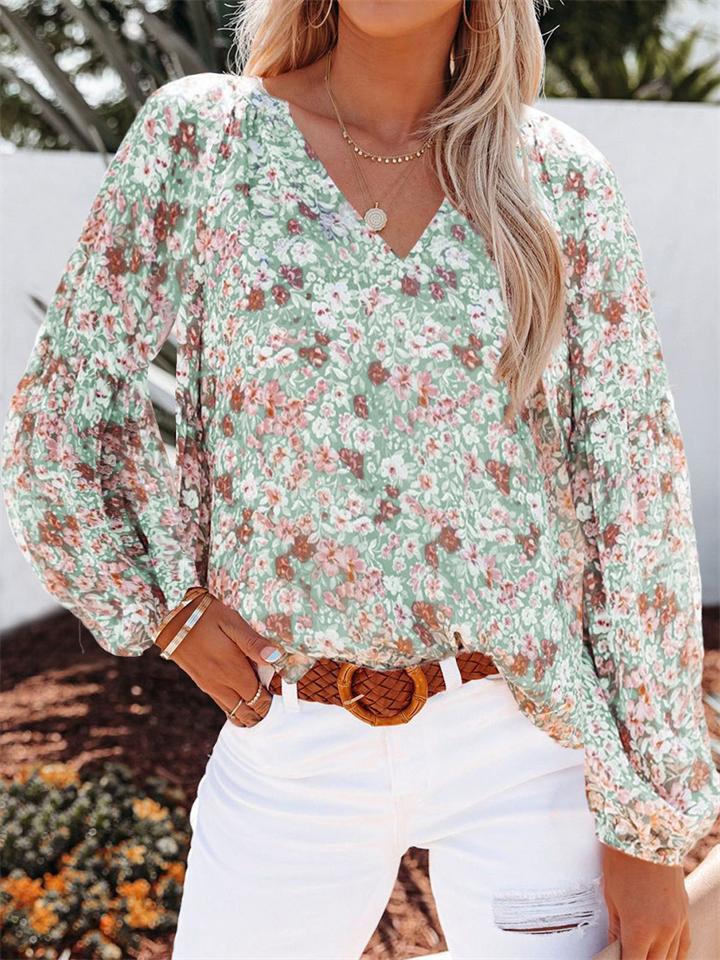 Comfy Floral Printed V-Neck Lantern Sleeve Chiffon T-Shirt