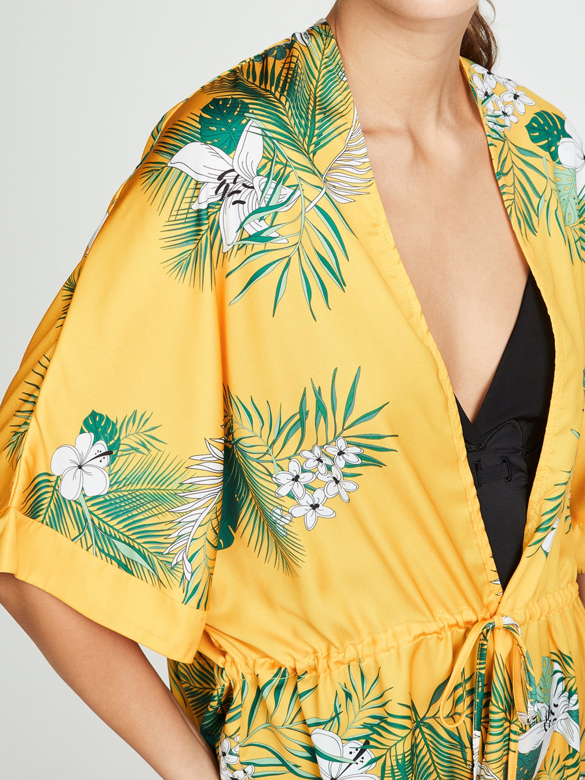 Yellow Floral Casual 3/4 Sleeve Shirts & Tops