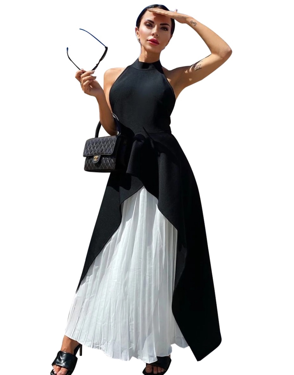 White and Black Vintage Two Piece Peplum Evening Dress