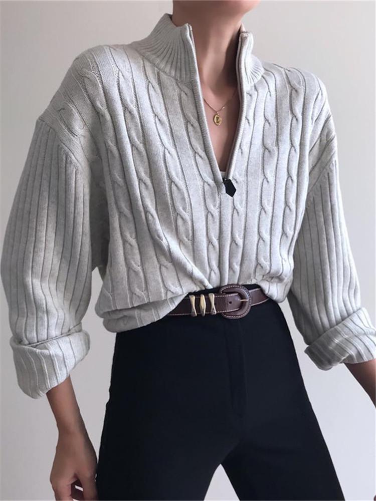 Casual Zipper Short High Collar Twist Knit Rib Pullover Sweater
