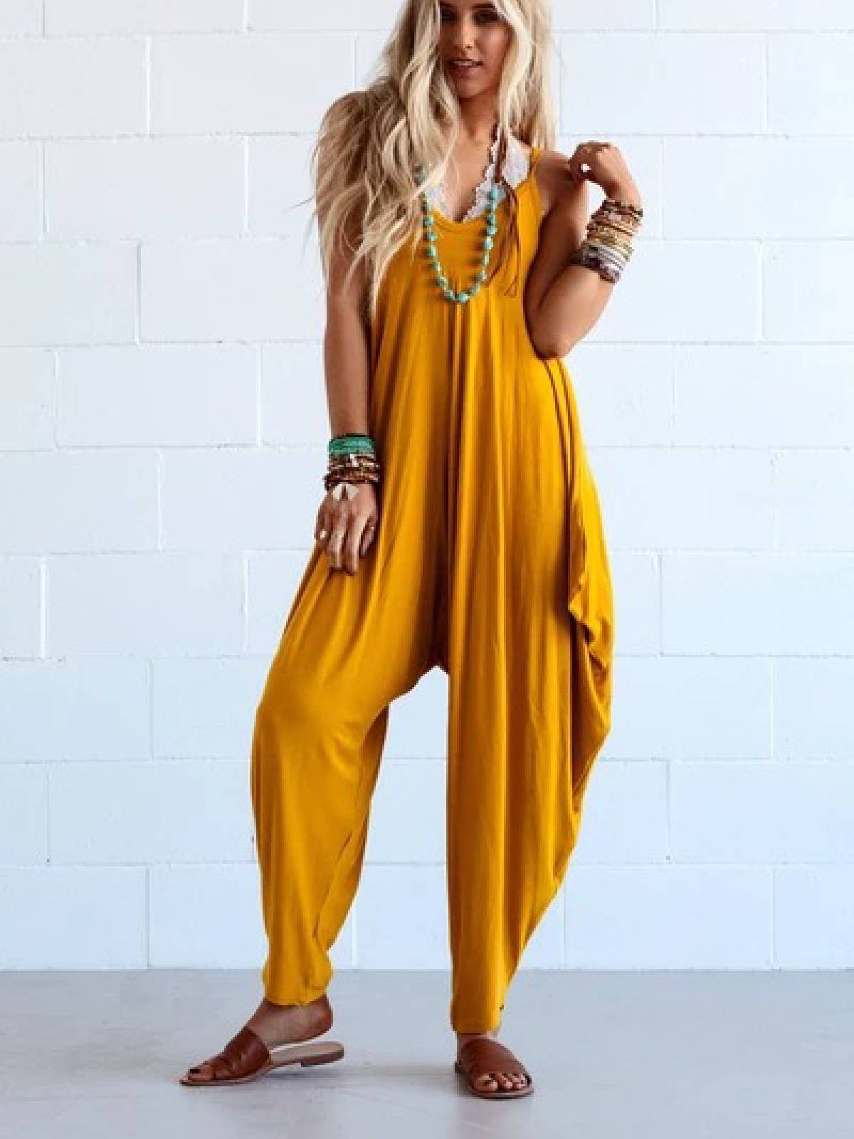 Yellow V Neck Sleeveless One-Pieces