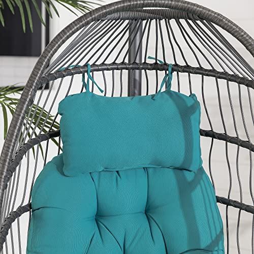 Walker Edison Carmel Modern Rattan Hanging Egg Swing Chair with Stand, 78 Inch, Grey and Teal